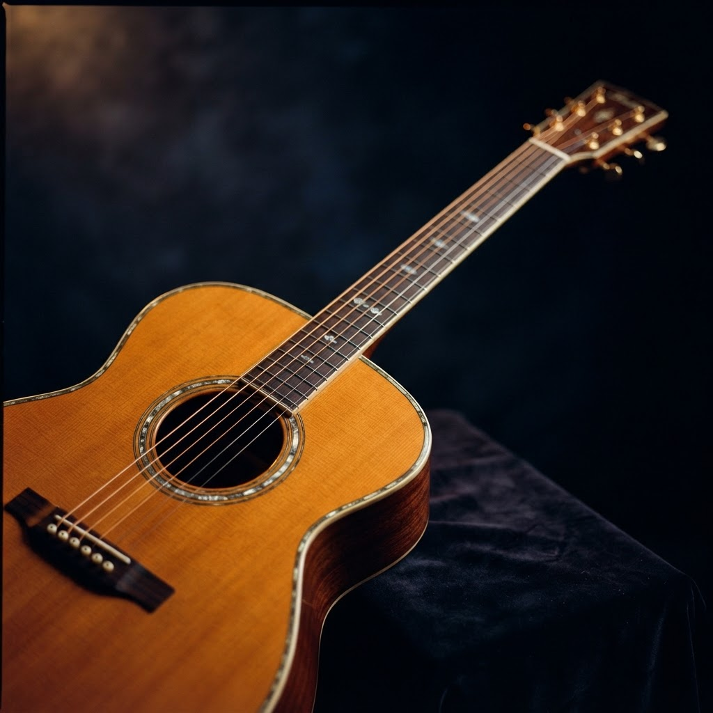 Warm-lit acoustic guitar representing IOSA Music Academy guitar lessons